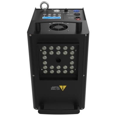 Máquina portátil preta com LEDs e painéis frontais com avisos e conectores