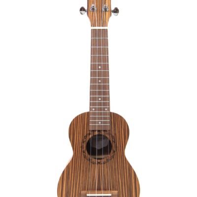 Ukulele de madeira castanha com riscas e 4 cordas brancas, marca Maoli no cabeçote