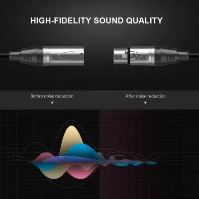 Dois conectores de cabo de áudio metálicos com texto e gráfico de qualidade sonora