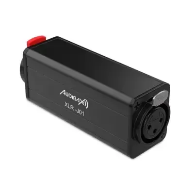 Adaptador de áudio preto Audiaax XLR-J01 com botão vermelho e entrada XLR