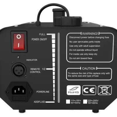 Vista traseira de equipamento eletrônico preto com interruptor vermelho e conectores