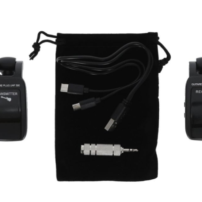 Transmissor e recetor wireless para guitarra preto com acessórios