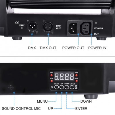 Painel traseiro de equipamento electrónico preto com conexões DMX, display digital e botões