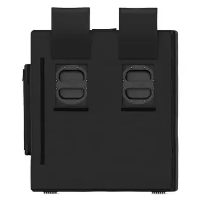 Mala preta quadrada com duas alças largas e suportes metálicos pretos