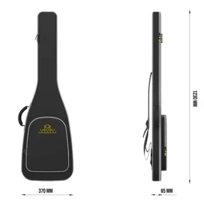 Estojo preto para instrumento musical com bolso frontal e logotipo amarelo