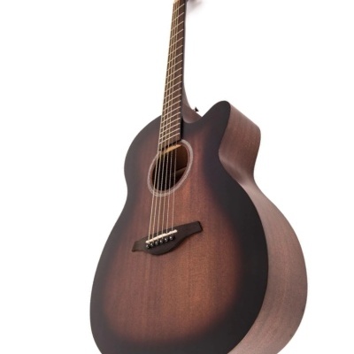 Guitarra acústica castanha escura com seis cordas e orifício circular no tampo