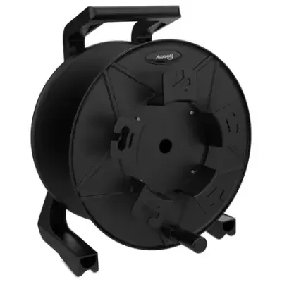 Carretel de extensão elétrico preto com suporte de pega e base