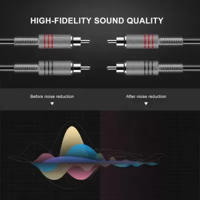 Cabos de áudio RCA com indicação de alta fidelidade e gráfico de redução de ruído
