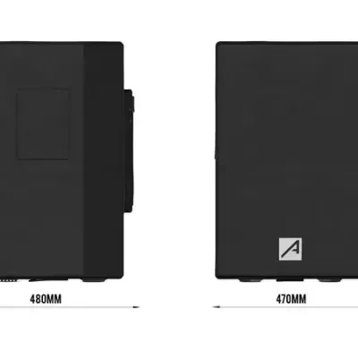 Caixa preta retangular com símbolo branco A e medidas indicadas