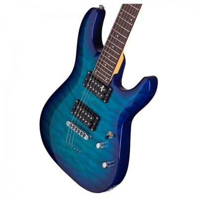 Guitarra elétrica azul com padrão ondulado e pickups pretos