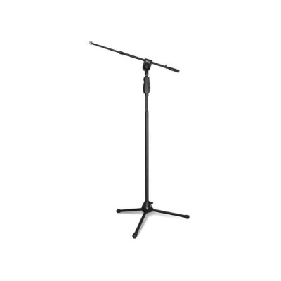 Suporte de microfone preto em metal com base tripé