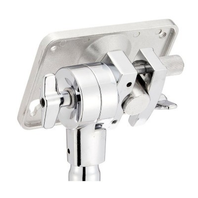 Suporte metálico cromado com parafuso de aperto e placa retangular para fixação em fundo branco