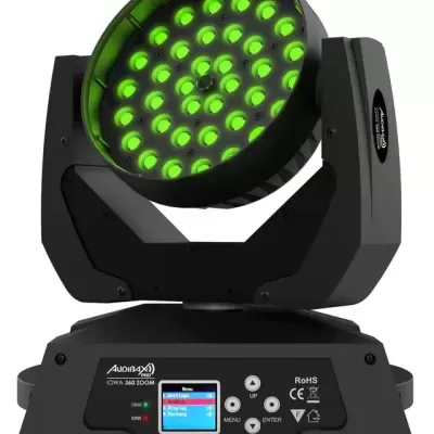 Luz de palco LED móvel preta com LEDs verdes e painel LCD