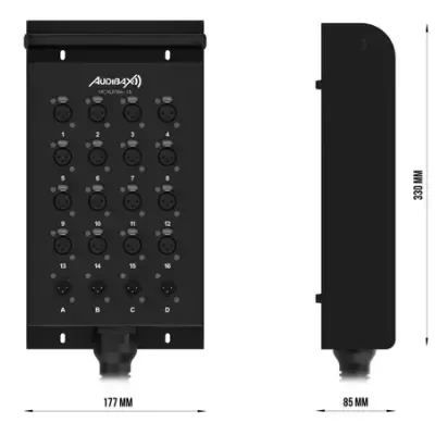 Painel de distribuição de áudio preto AUDIOMAX com várias conexões e medidas indicadas.