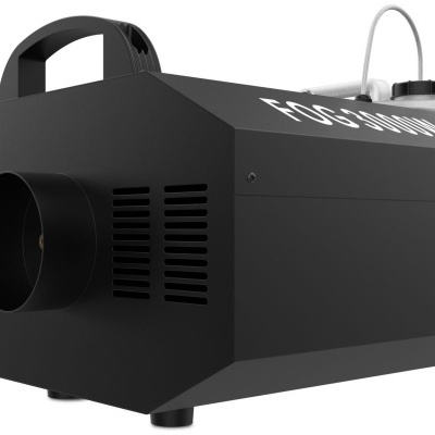 Máquina de fumo preta com tubo de saída e alça