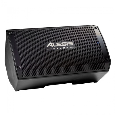 Coluna de som preta ALESIS DRUMS com grelha metálica e indicador luminoso azul