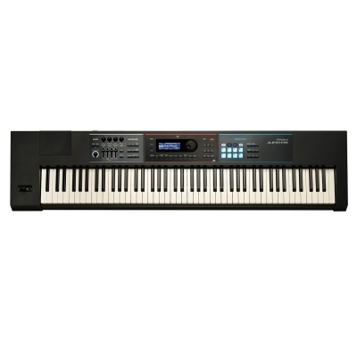 Teclado musical digital preto com 88 teclas e visor azul