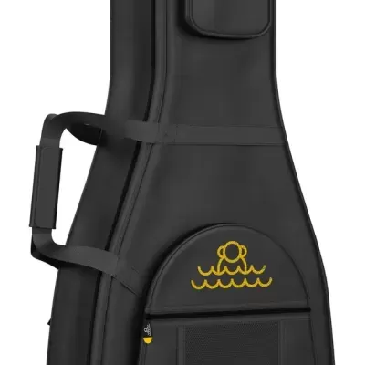 Estojo rígido preto para guitarra com bolso frontal e alça de transporte
