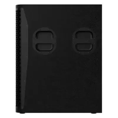 Coluna de som profissional preta com alças e grelha hexagonal