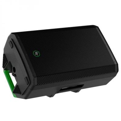 Coluna de som preta com grelha metálica e alça verde