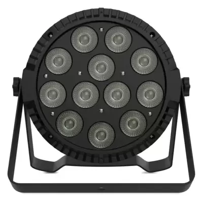 Luminária LED redonda preta com 12 focos de luz e suporte metálico
