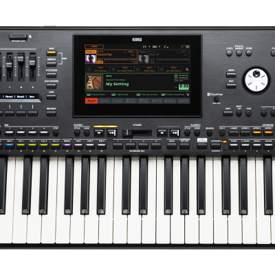 Teclado musical KORG preto com teclas e ecrã digital colorido