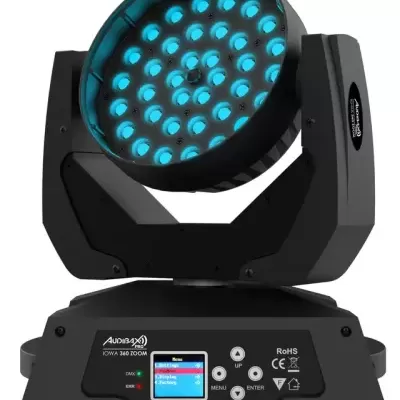 Projetor preto para iluminação com LEDs azuis e ecrã LCD colorido