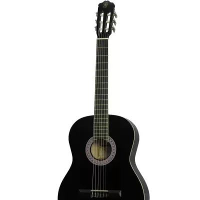 Guitarra clássica preta com cordas e detalhes brancos