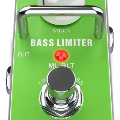 Pedal de efeito verde para baixo com botões pretos e branco e texto BASS LIMITER MONKEY LOOP