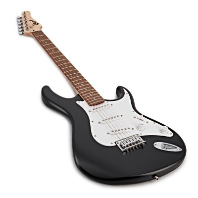 Guitarra elétrica preta com escudo branco e braço de madeira clara