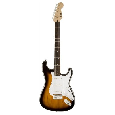 Guitarra elétrica sunburst com escudo branco e marca Squier no cabeçote