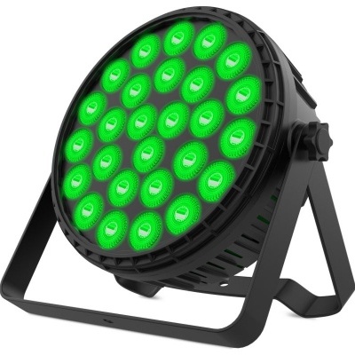 Projetor LED circular preto com luzes verdes acesas