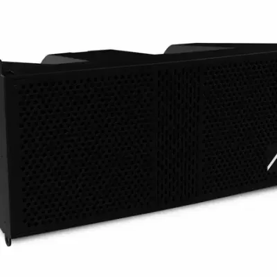 Coluna de som profissional preta com padrão de ventilação em favo de mel e logótipo A