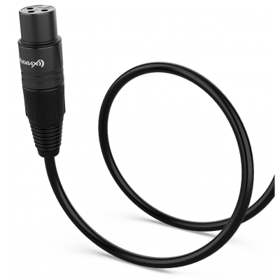 Cabo preto com conector XLR de 3 pinos em fundo branco