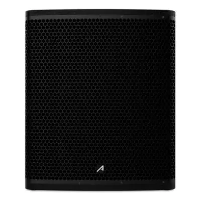 Coluna acústica preta com grelha padrão colmeia e logo branco