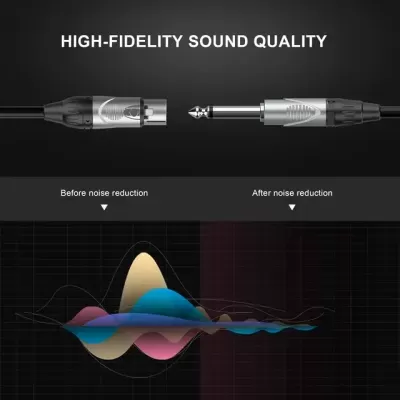 Cabos de áudio com texto HIGH-FIDELITY SOUND QUALITY e gráfico de ondas sonoras