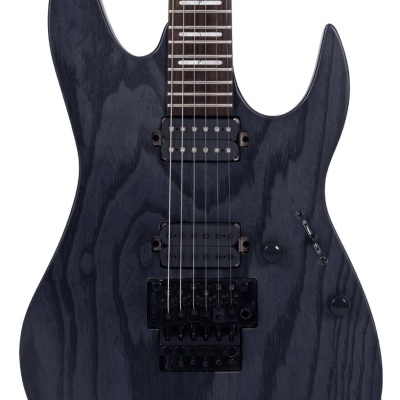 Guitarra elétrica cinza escuro com captadores pretos e ponte Floyd Rose