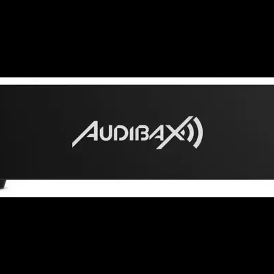 Dispositivo preto retangular com logo AUDIBAX branco na frente