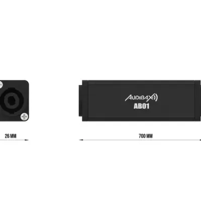 Dispositivo preto AUDIBAX AB01 com conector e medidas indicadas