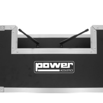 Caixa de equipamento de áudio Power Acoustics preta com antenas e moldura metálica