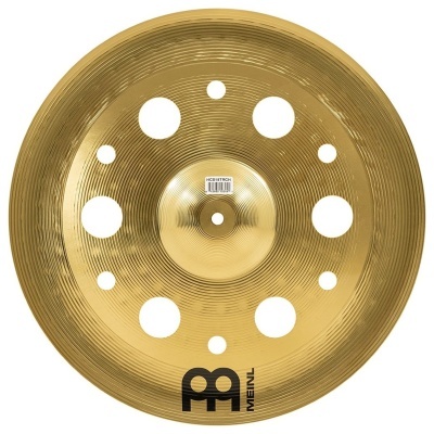 Prato de bateria dourado com furos circulares e logotipo Meinl