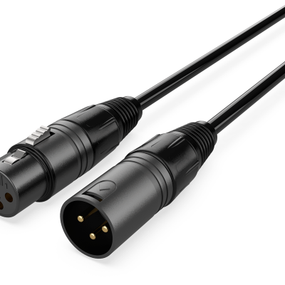 Cabo de áudio XLR preto com conectores macho e fêmea