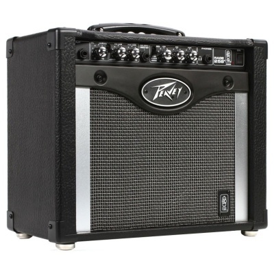 Amplificador Peavey preto com painel de controlo e grelha metálica frontal