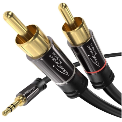 Cabo áudio com ficha jack 3,5mm e duas fichas RCA douradas