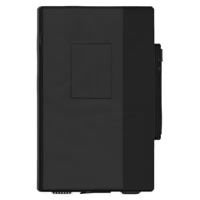 Computador desktop preto com painel lateral liso e área quadrada em relevo