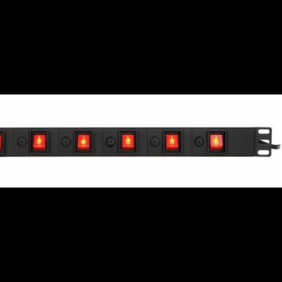 Filtro de linha elétrico preto com 8 interruptores vermelhos iluminados