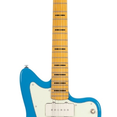 Guitarra elétrica azul com braço de madeira clara e detalhes metálicos