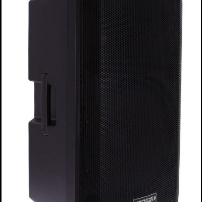 Coluna acústica preta com grelha metálica frontal e pega lateral