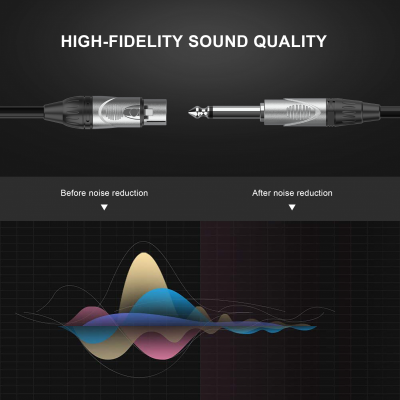 Cabo de áudio metálico cinza com conetores, texto sobre qualidade de som e gráfico de redução de ruído