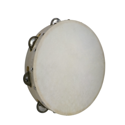 Pandeireta de madeira e pele branca com cimbalos de metal